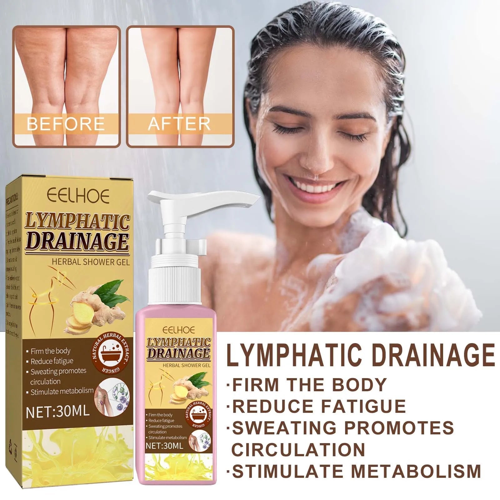 Women Lymphatic Drainage Herbal Shower Gel 30ml Slimming Weight Loss Deep Cleaning Body Wash sculping firming skin Shower Gel Viralgem Store