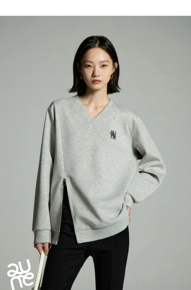 Toyouth Women Sweatshirts 2024 Autumn Long Sleeve V Neck Loose Hoodie Unique Zippered Split Hem Casual Chic Pullover Tops