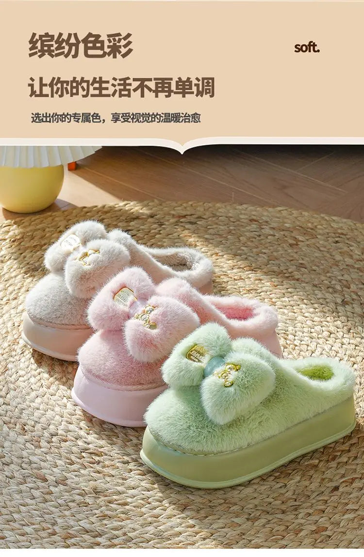 8 cm High platform fur slippers women's winter fluffy ear home shoes woman white bunny rabbit slippers woman house clog shoes