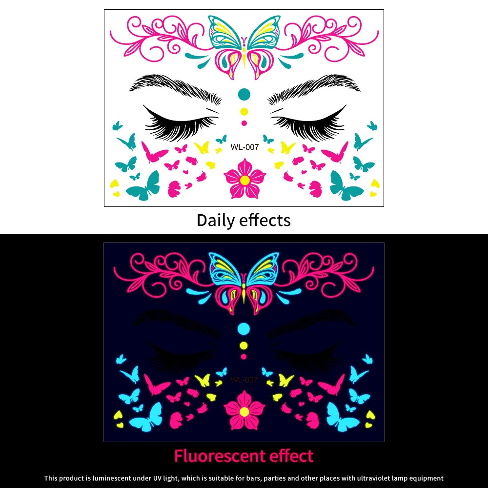 1Pcs Halloween Fluorescent Face Stickers 12-Styles Feather/Flowers/ButterflyDesign Tattoo Sticker Waterproof Glowing Face Decals Viralgem Store