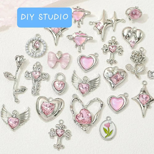 5Pcs Cute Pink Alloy Pearl Rose Heart Bow Tulip Charms DIY Handmade Necklace Earrings Pendant Jewelry Accessories For Women Girl