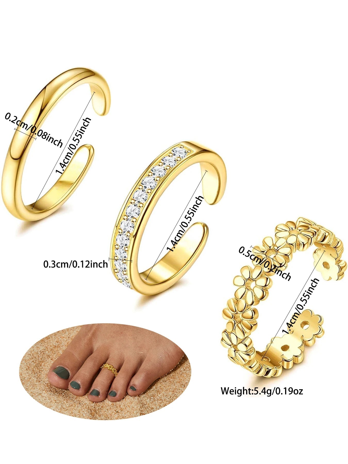3pcs Fashionable Luxurious Open Adjustable Zircon Foot Ring Women's Beach Vacation Foot Joint Ring Toe Ring Set Jewelry Viralgem Store