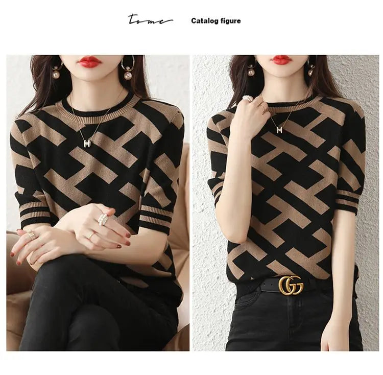 Spring Summer Knitted Top Classical Letter T-Shirt Short Sleeve Tee Korean Fashion Woman Blouse 2024 Cheap Women's Clothing Chic