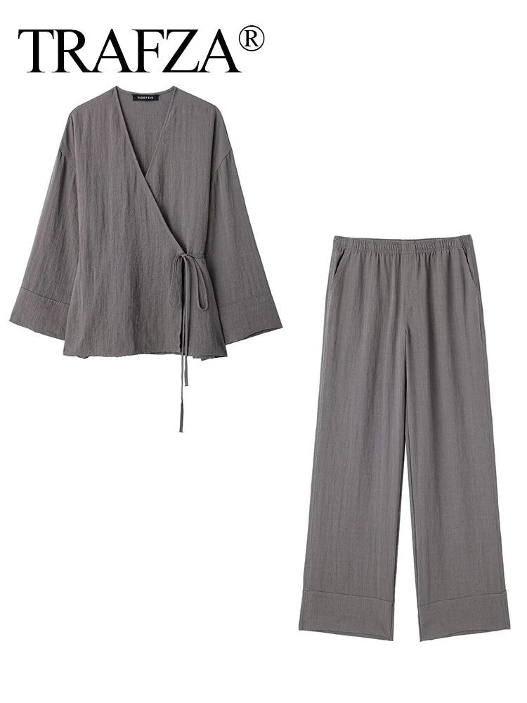 TRAFZA 2024 Women Fashion Solid Shirt Pant Set Asymmetric Laced Up Blouse Top+Elastic Waist Loose Wide Leg Pant 2 Piece Suits