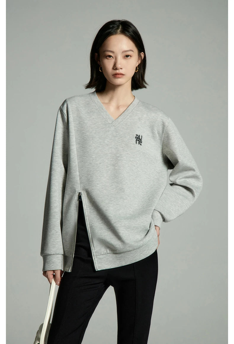 Toyouth Women Sweatshirts 2024 Autumn Long Sleeve V Neck Loose Hoodie Unique Zippered Split Hem Casual Chic Pullover Tops