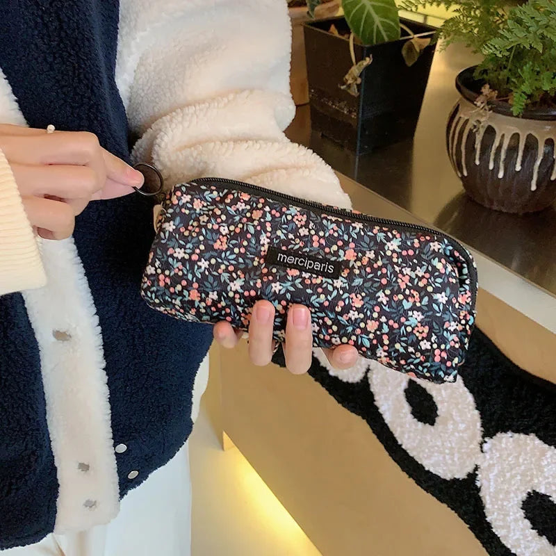 Women Flower Cosmetic Bags Girl Pencil Case Embroidery Student Korean Kawaii Cases for Girls Make Up Brush Storage Pouch