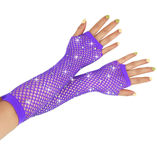 1pair Neon Fishnet Fingerless Long Gloves Rhinestone Arm Cuff Party Wear Fancy Dress For Womens Sexy Punk Goth Dance Mesh Gloves