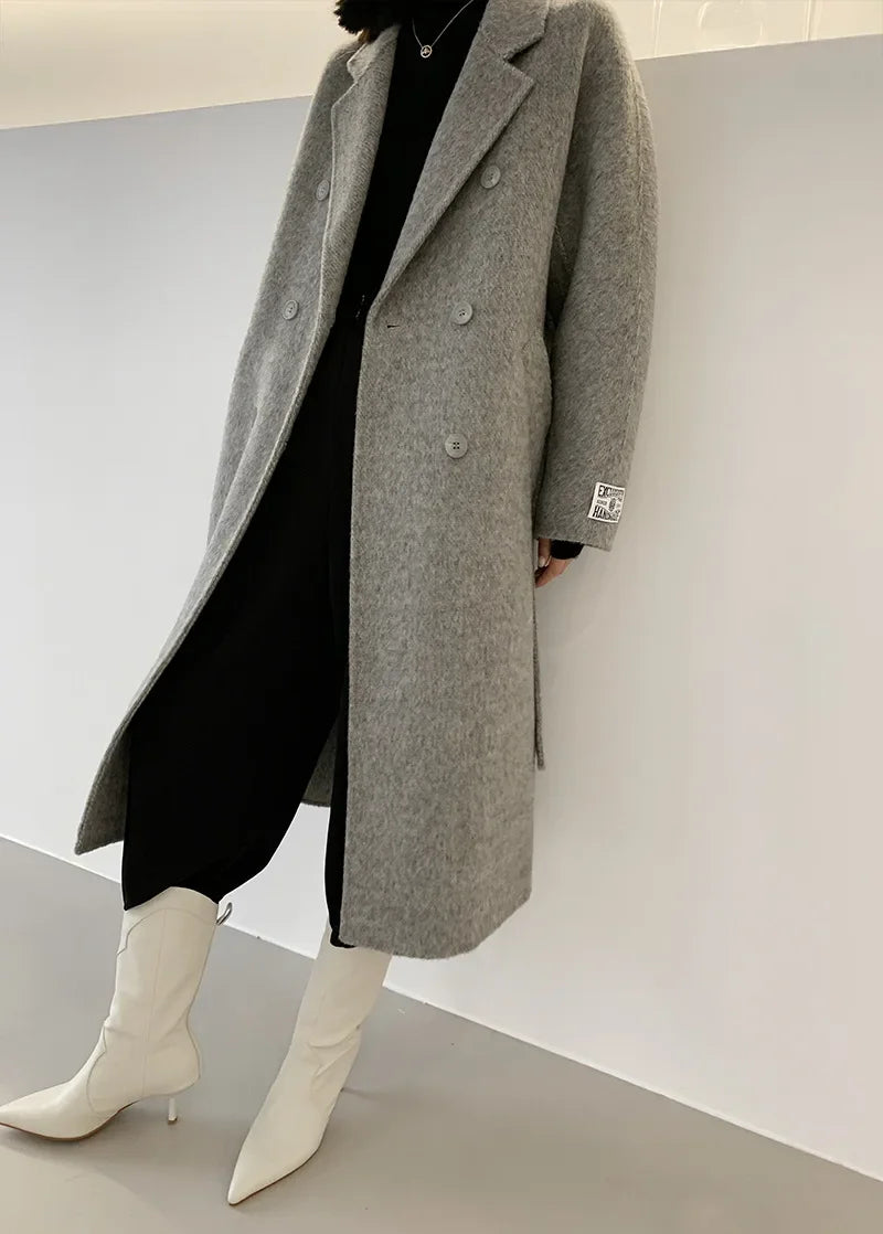 2024 Autumn Winter Wool Coat Women Double-breasted Solid Color Women's Double-sided Woolen Belt Coats Loose Warm Wool Jacket