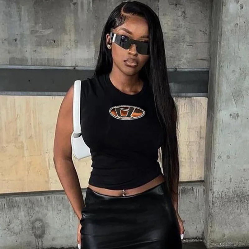 Y2k Top Shirts for Women Fashion Street Spice Girl Slim Show Chest D Embroidery Crop Short Open Umbilical Versatile Top