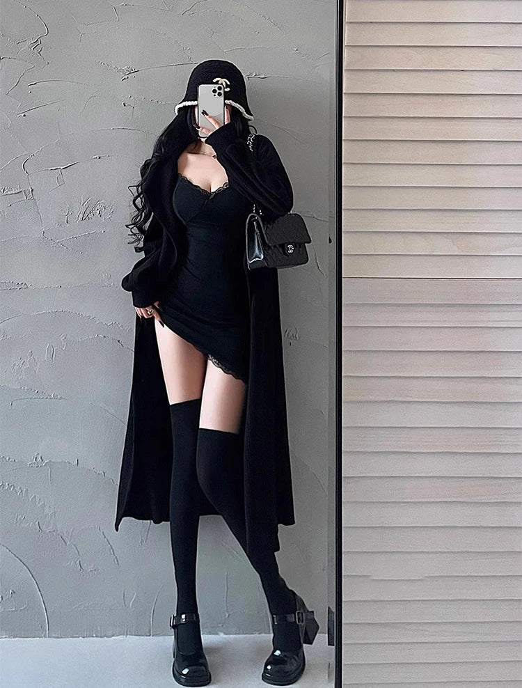 Y2K Retro Lace Patchwork Spaghetti Strap Black Bodycon Dress Mini Fashion Aesthetic Bow Club Party Sexy Dresses for Women Viralgem Store