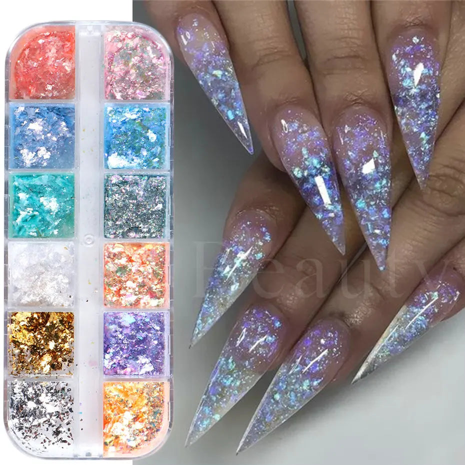 12 Grids Opal Dream Crystal Sequins Nail Flake Galaxy Iridescent Aurora 3D Paillette for Winter Autumn Manicure Decoration SWYFH Viralgem Store