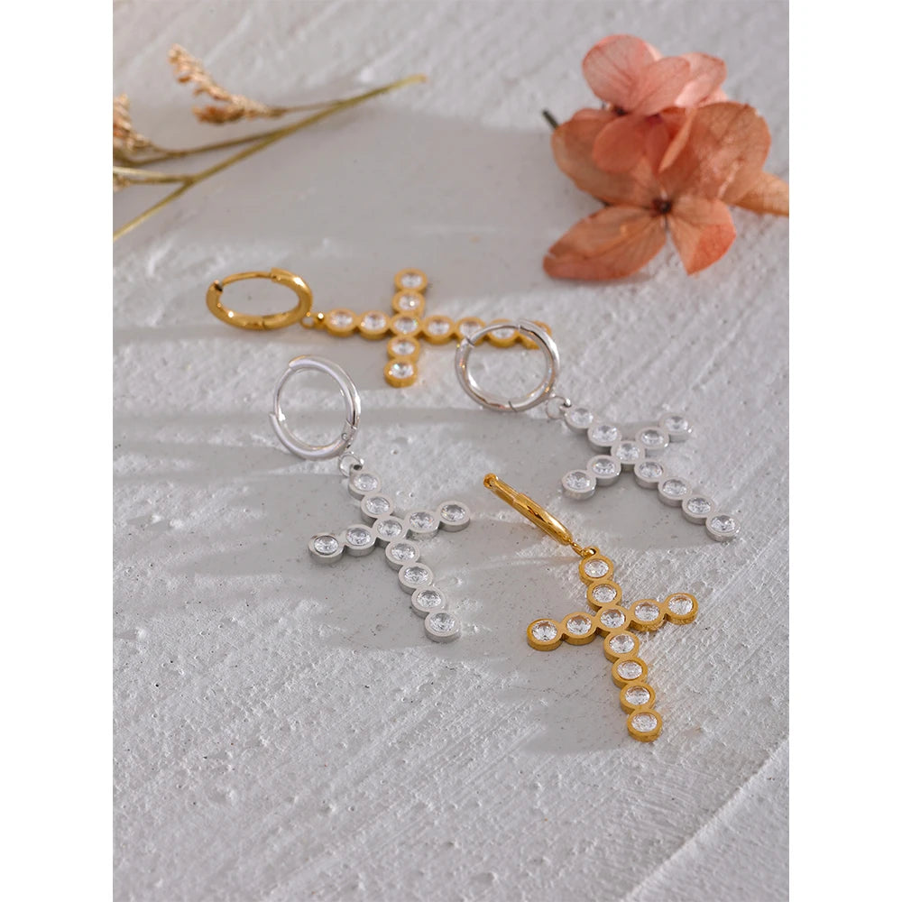 Yhpup Waterproof Colorful Cubic Zirconia Stainless Steel Cross Drop Hoop Earrings Fashion Daily Men Women Unisex Golden Jewelry