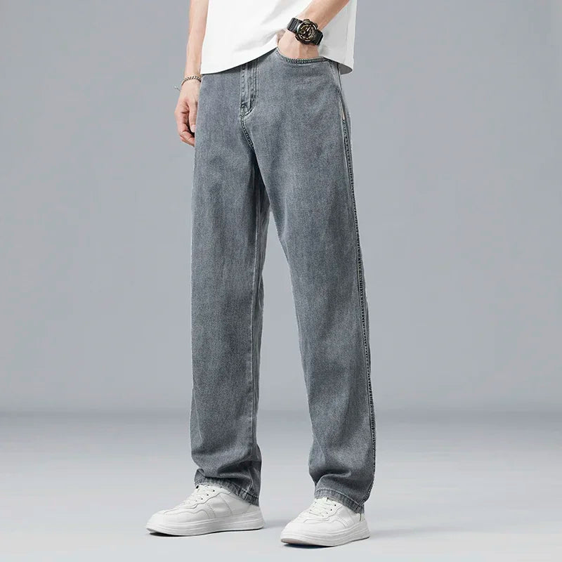 2025 New Summer Ultra-thin Lyocell Men's Jeans Drape Soft Fabric Loose Straight Casual Denim Pant Elastic Ice Silk Male Trousers