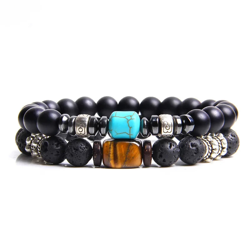 2 Chain Bracelets Friendship Jewelry Handmade Elastic Men Bangle Natural Tiger Eye Stone Beads Bracelet Unisex Pulsera Hombre Viralgem Store
