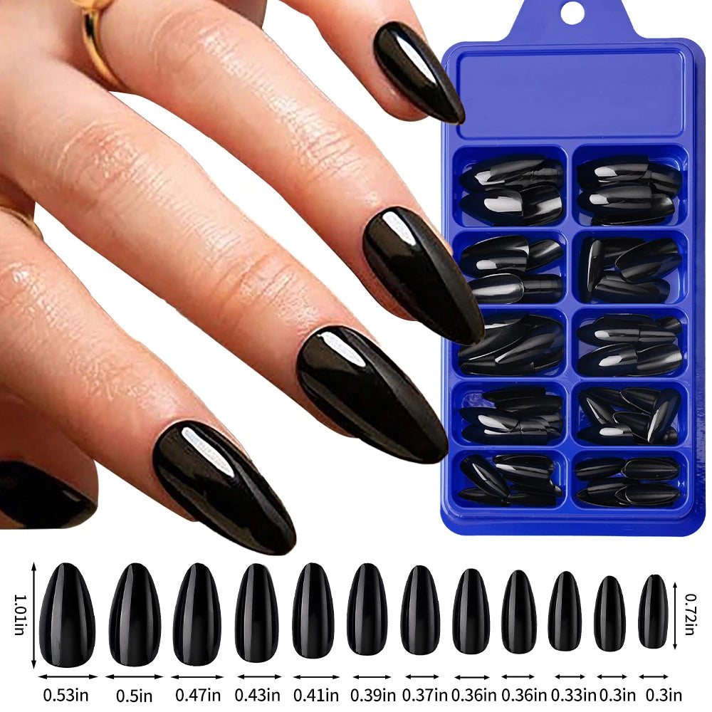 100Pcs Almond Press on Nails Medium Length Fake Nails Black Matte Almond False Nail Tips Artificial Fingernail Extend Fake Nails