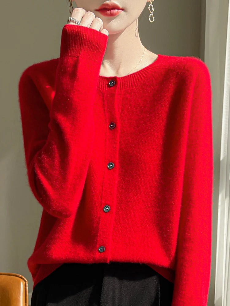 Women 100% Merino Wool Cardigan Soft O-Neck Cashmere Sweater OL Buttoned Knitwear Casual Top Clothing Korean Style Viralgem Store