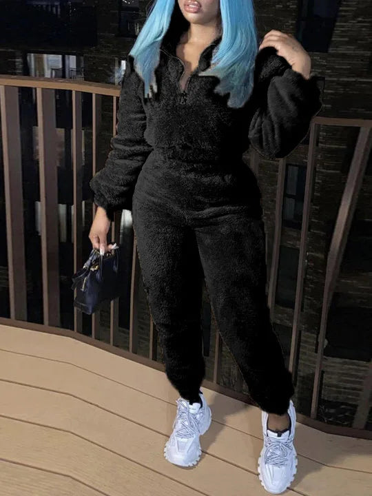 Winter New Plush Two Piece Set Casual Home Warm Suit For Women Fashion Zipper Lapel Pullover Top Elastic Waist Trousers Suit Viralgem Store