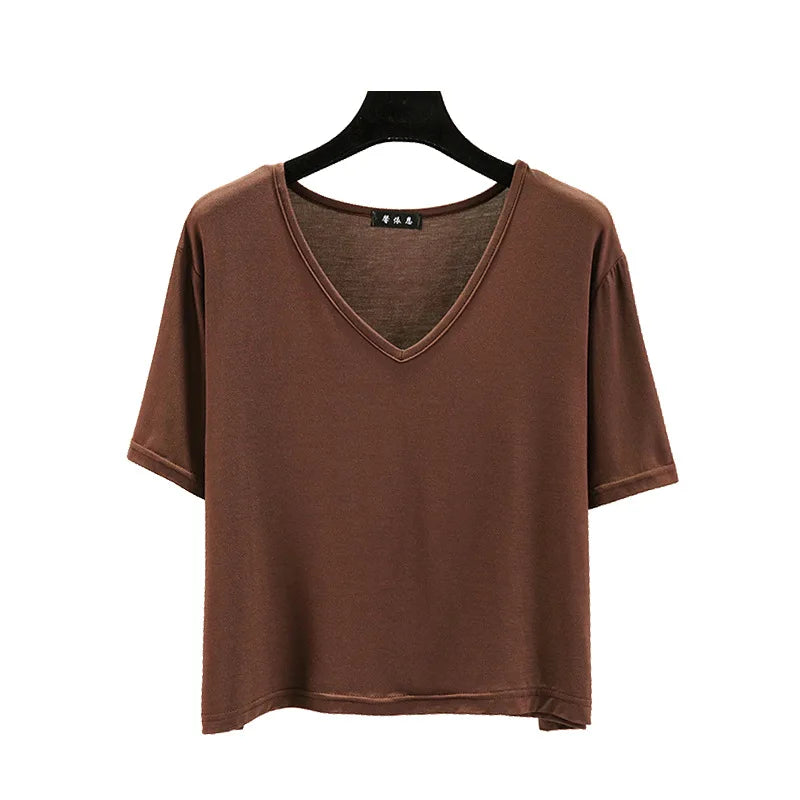 Women's T-shirt Modal V-Neck Short sleeves Tops Summer Casual T Shirts  Solid color Loose basic Bottoming Tees
