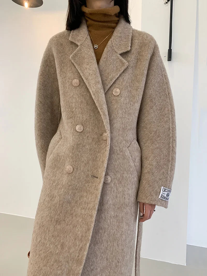 2024 Autumn Winter Wool Coat Women Double-breasted Solid Color Women's Double-sided Woolen Belt Coats Loose Warm Wool Jacket