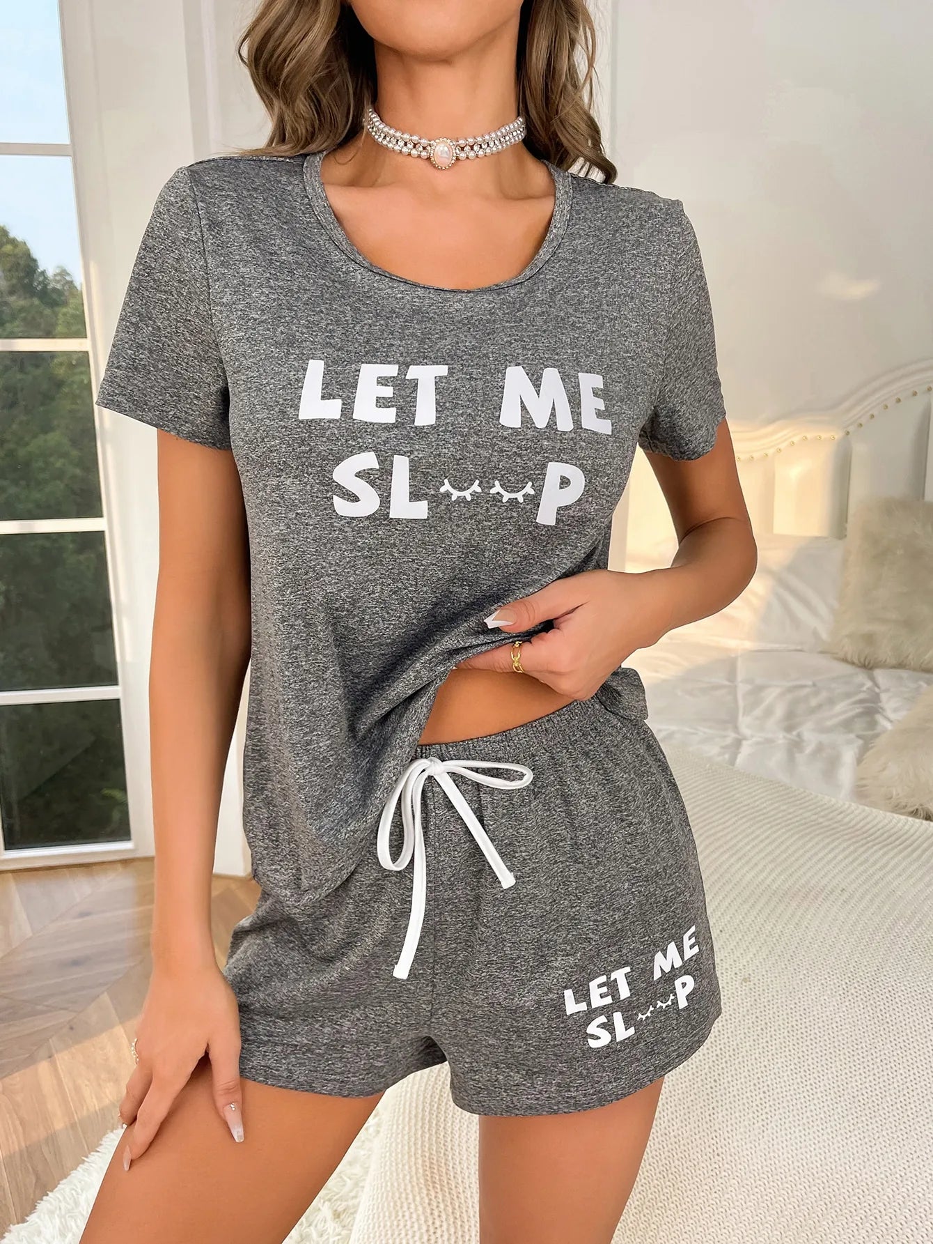 Women's new style pajamas set gray top letter shorts two-piece casual home wear Viralgem Store