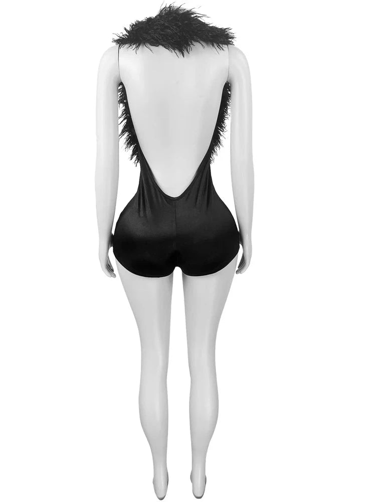 Kricesseen Hot Women's Halter Neck Feather Playsuits One Piece Outfits Summer Sexy Backless Furry Jumpsuits Night Club Outfits Viralgem Store