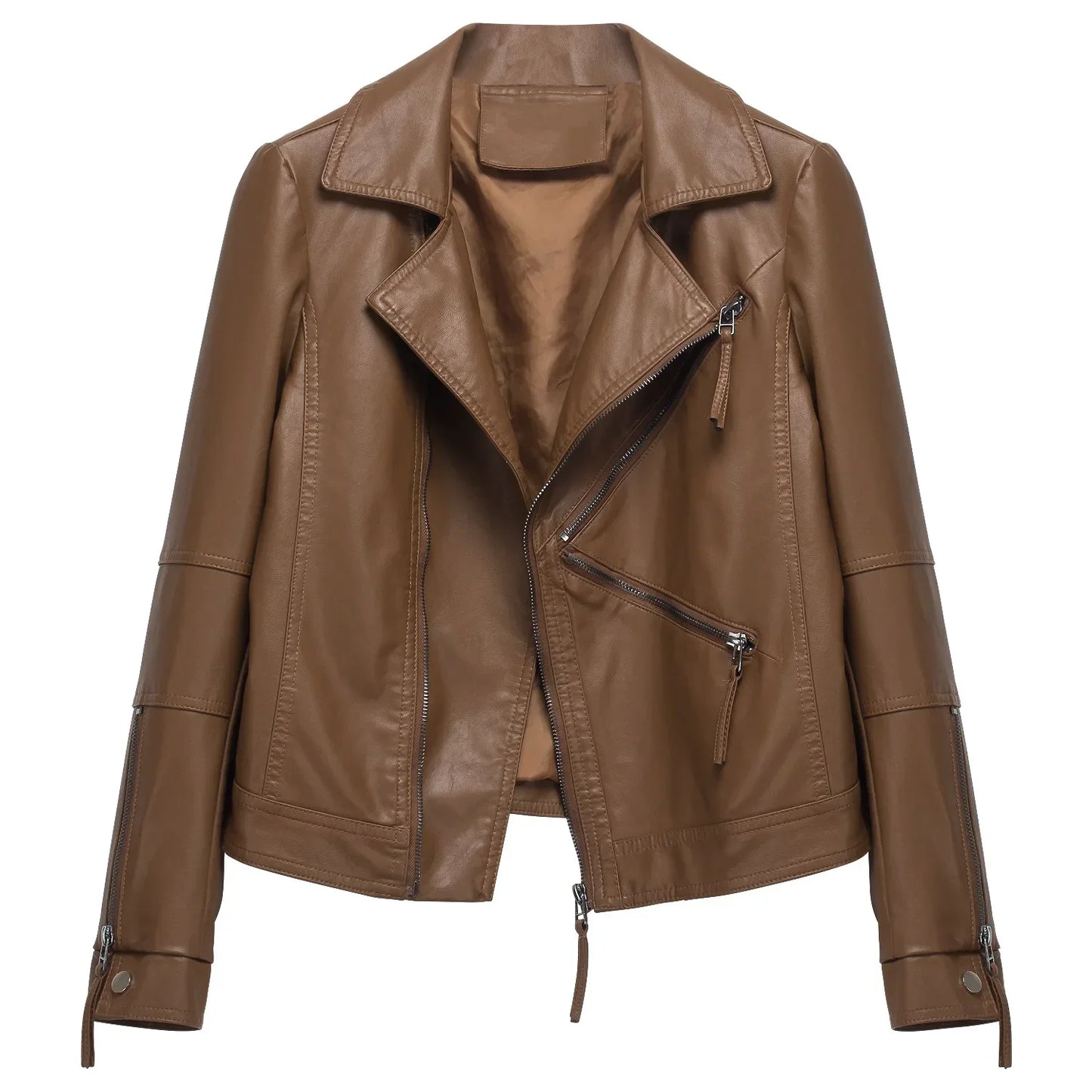 Spring Autumn Vintage Faux Leather Jacket Women Brown Moto Biker  Leather Coats Casual Street Wear Zipper PU Basic Outwear