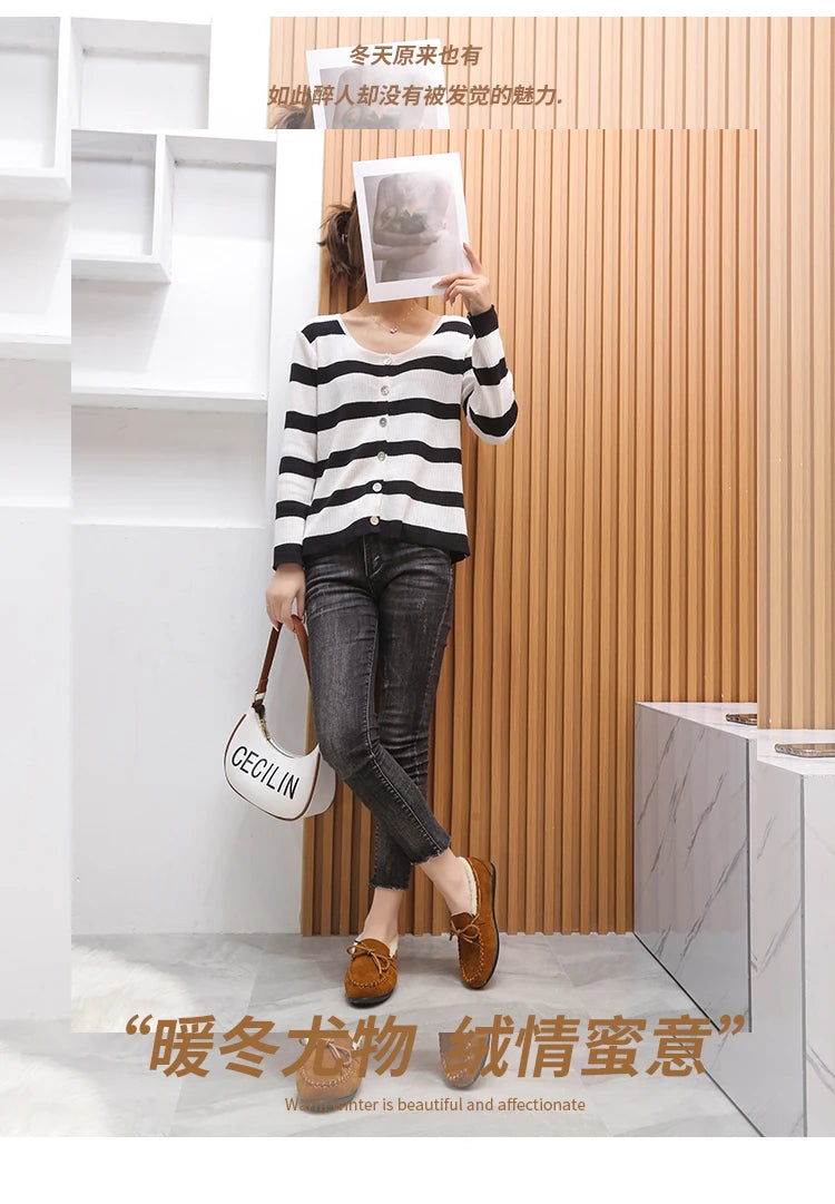 2023 autumn and winter new Doudou shoes women plus cashmere warm bow Korean version of casual shallow mouth flat lazy cotton sho