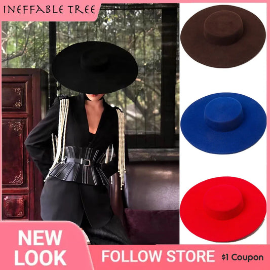 Wide Big Brim Wool Flat Formal Black Women Fedora Stage Show Felt Cap Winter Lady Catwalk Outdoor Top Hats Sombreros De Mujer Viralgem Store