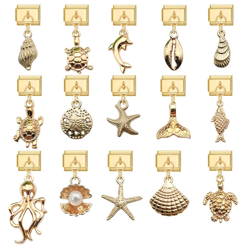 Vintage Golden Sea Shell Conch Starfish Dolphin Turtles Pendant Bead Fit 9mm Italian Charm Bracelet Stainless Steel DIY Making