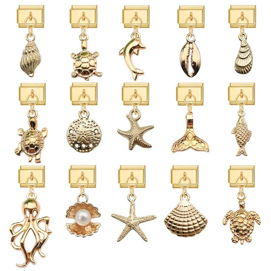 Vintage Golden Sea Shell Conch Starfish Dolphin Turtles Pendant Bead Fit 9mm Italian Charm Bracelet Stainless Steel DIY Making