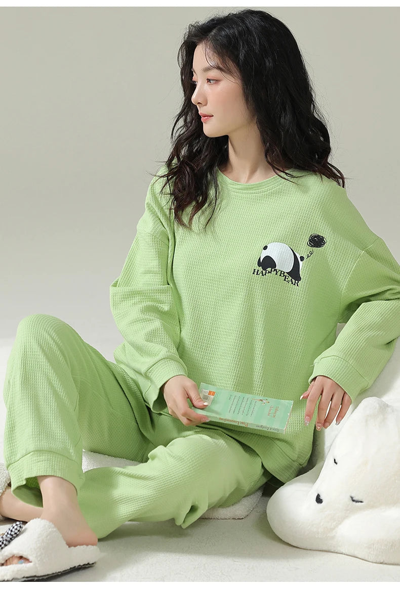 SUKAE Waffle Cotton Korean Minimalist Style Women Pajamas Spring Autumn Long Sleeves Lady Sleepwear Kawaii Round Neck Homesuits