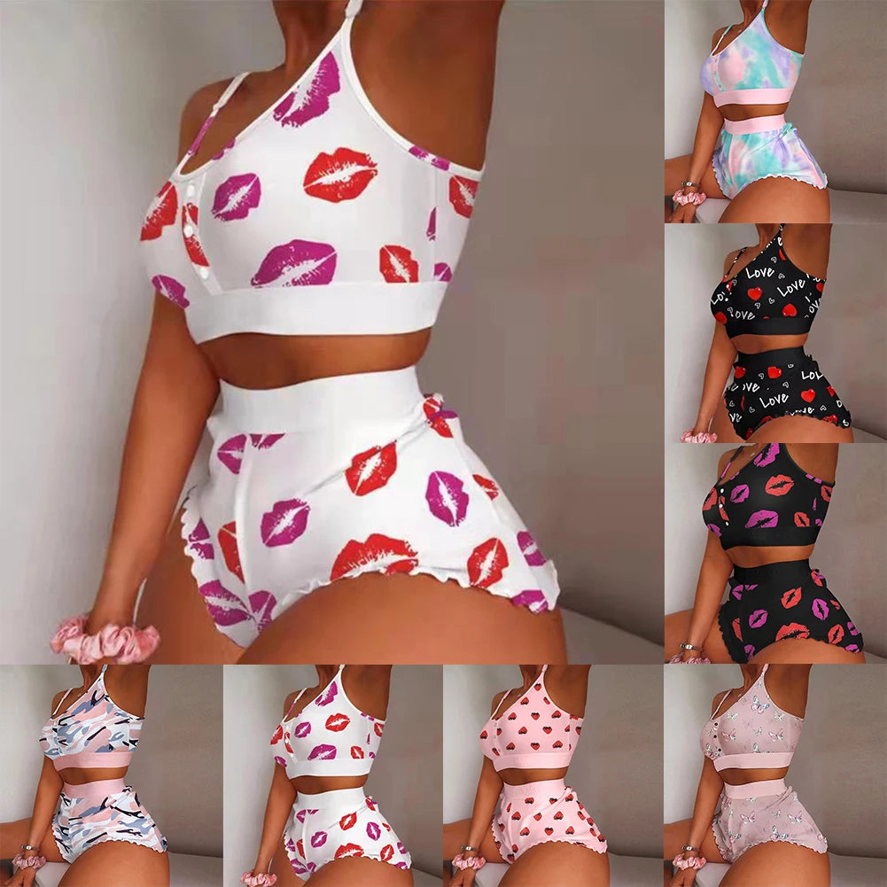 Women's Fashion Print Pajama Set Frill Hem Short + Sleeveless Crop Top Sleepwear Nightwear Lingerie Sweet Viralgem Store