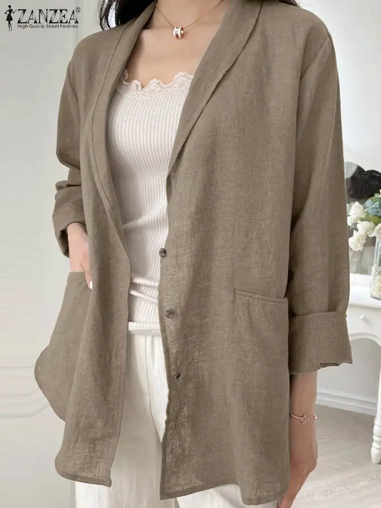 Women Solid Blazer 2024 Autumn ZANZEA Fashion Long Sleeve Outerwear Casual Loose Lapel Collar Coat Vintage Pocket Thin Jackets