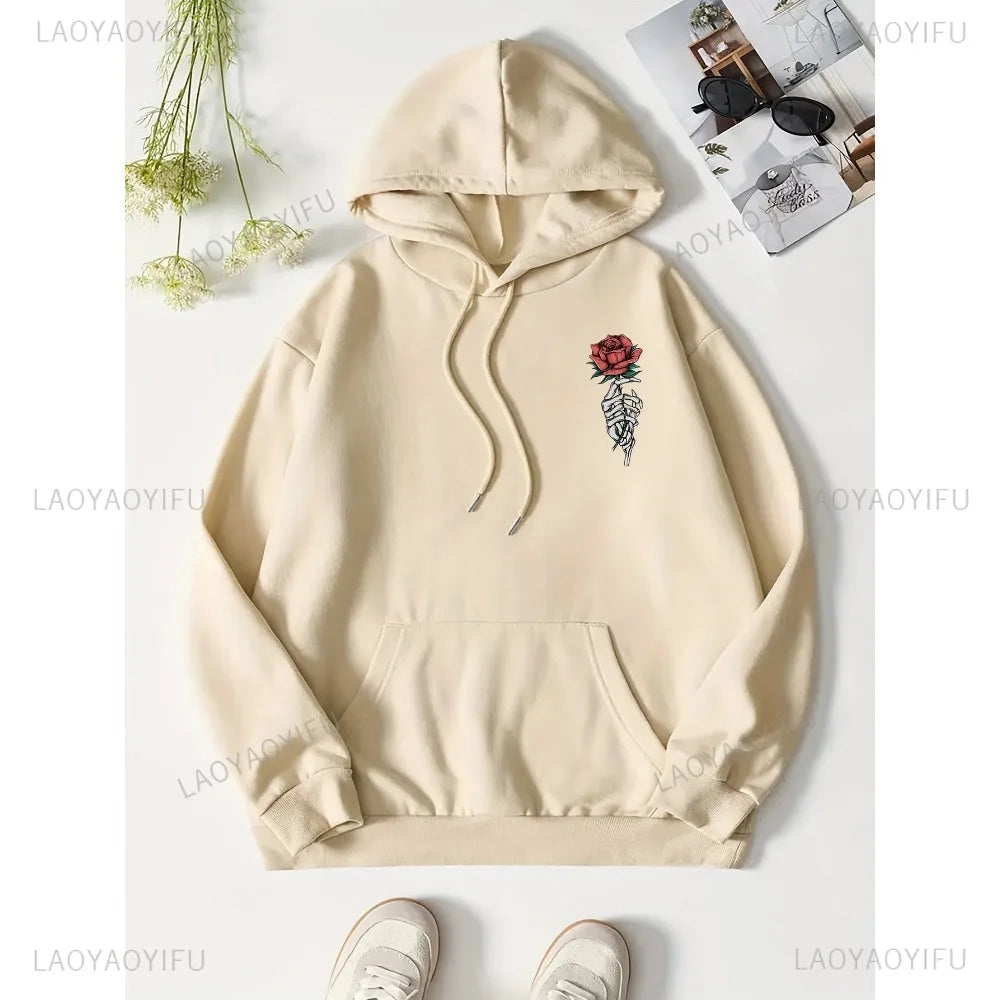 2024 Skeleton hand and Rose Graphic Print Hoodie Casual Hooded Sweatshirt For Winter Fall Women's Plus Size XS-3XL Clothing