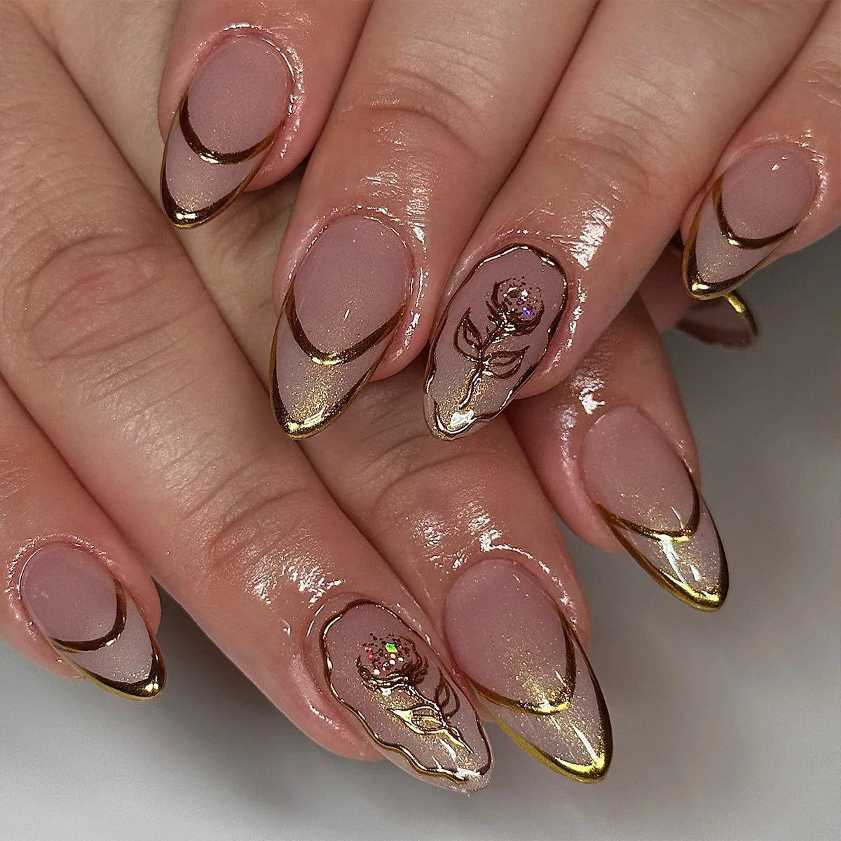 24Pcs Metallic Cat Eye French Sheer Manicure Tip Art Textured 3D Acrylic False Nails Nude Pink Almond Medium Press on Fake Nails