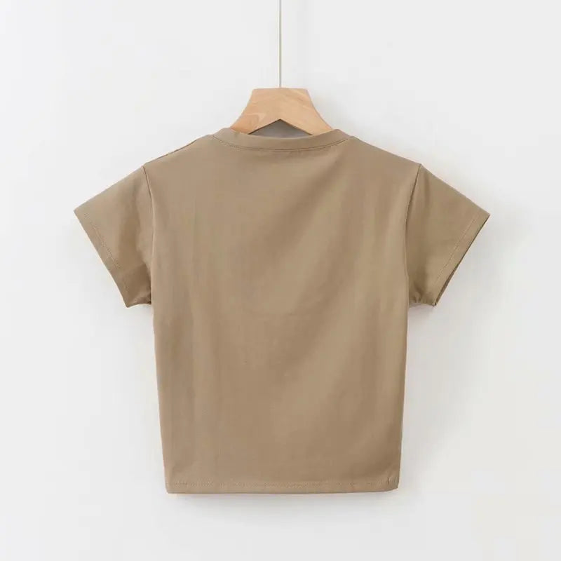 U-Neck Crop Top Solid Color Women Casual High Waist T Shirt Basic Sexy Streetwear Short Sleeve Slimming