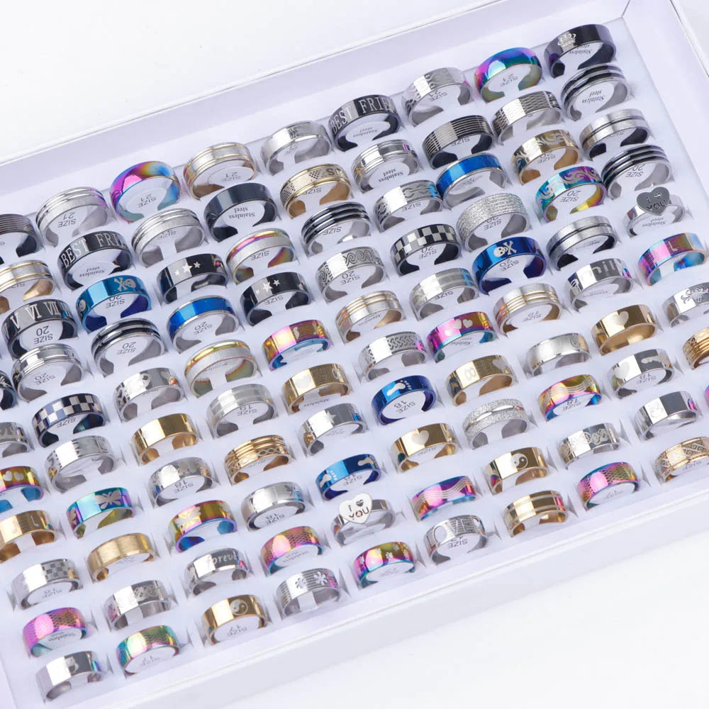 10/20/30/50Pcs Classic Fashion Stripe Hollow Colorful Sticker Stainless Steel Ring Trend Women Jewelry Party Decoration Gift