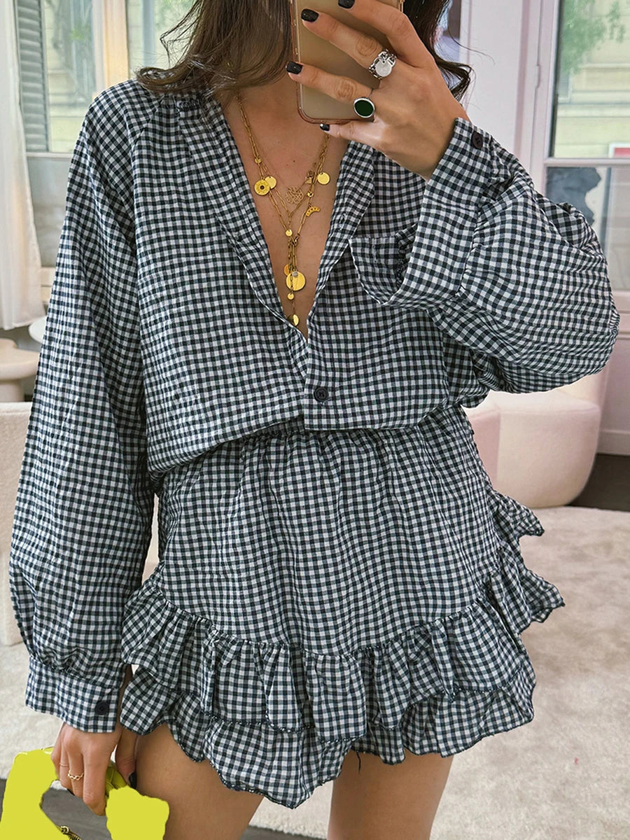 Women Retro Aesthetic Two Piece Outfits Skirts Sets Plaid Print Long Sleeve Button Shirts+High Waist Layered Mini Skirts Clothes Viralgem Store