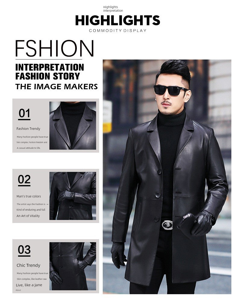 2024 New Arrival Haining Genuine Leather Clothes Men's Mid Length Long Length Trench Coat Fur Outwear Silm K-style Suit Collar Leather Jacket