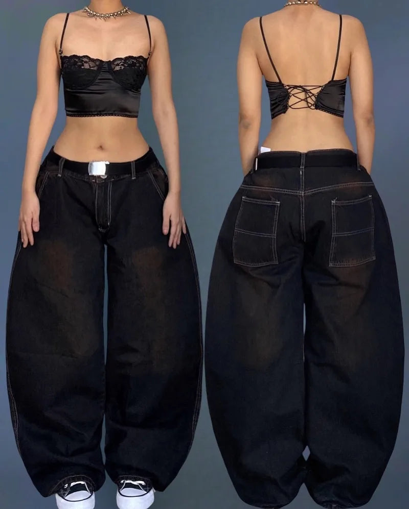 Y2K New Harajuku Fashion Black Washed Old Baggy Jeans Women Street Trend Vintage Hip Hop Gothic High Waist Wide Leg Wide Pants