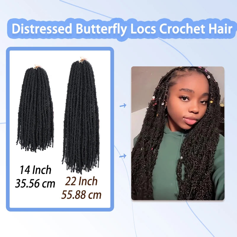 Synthetic Distressed Butterfly Locs Crochet Hair, 6 Packs Long Black Butterfly Jumbo Loc Light Weight Soft Faux Locs