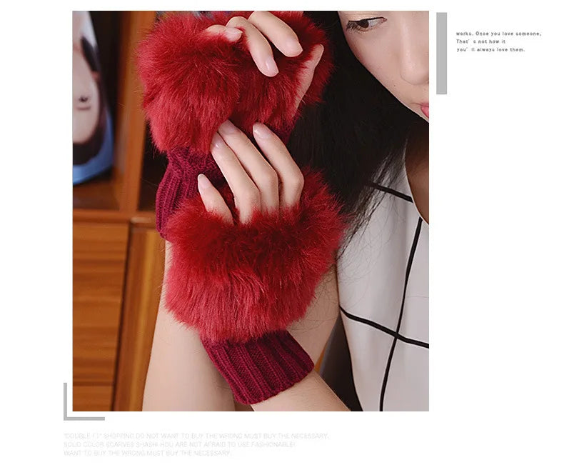 Women Autumn Winter Keep Warm Plush Knitted Woolen Splicing Half Finger Gloves Cute Lovely Sweety Smooth Soft Writing Drive