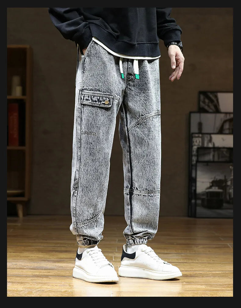 Spring Autumn Jean Men Elastic Waist Harem Hip-hop Denim Pant Male Street Fashion Big Size Loose Fit Baggy Jogger Cowboy Trouser
