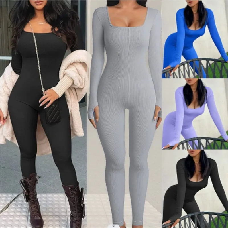 Women Elegant Skinny Jumpsuits Fall Winter Solid Ribbed Knit Long Sleeve Jumpsuit Y2k Square Neck Bodycon Sport Playsuits Female Viralgem Store
