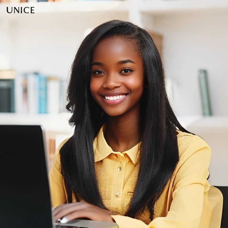 Unice Human Hair Yaki Straight Wig with Side Swept Bangs 7x5 Bye Bye Knots Glueless Lace Wigs Viralgem Store