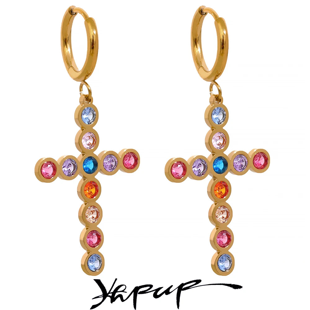 Yhpup Waterproof Colorful Cubic Zirconia Stainless Steel Cross Drop Hoop Earrings Fashion Daily Men Women Unisex Golden Jewelry