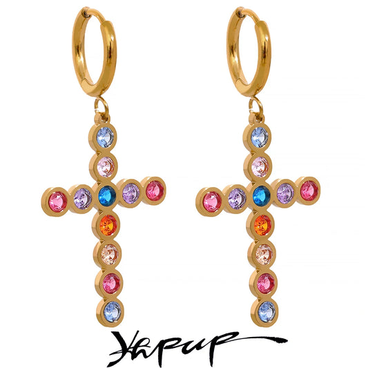 Yhpup Waterproof Colorful Cubic Zirconia Stainless Steel Cross Drop Hoop Earrings Fashion Daily Men Women Unisex Golden Jewelry