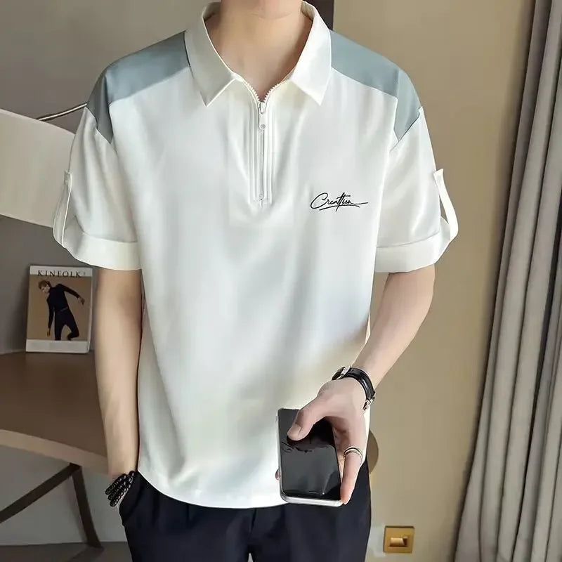 2024 New Versatile Men's Polo Shirt Trendy Brand Summer T-shirt Loose Fit Slimming Effect Korean Style Casual Top Lapel Sleeves