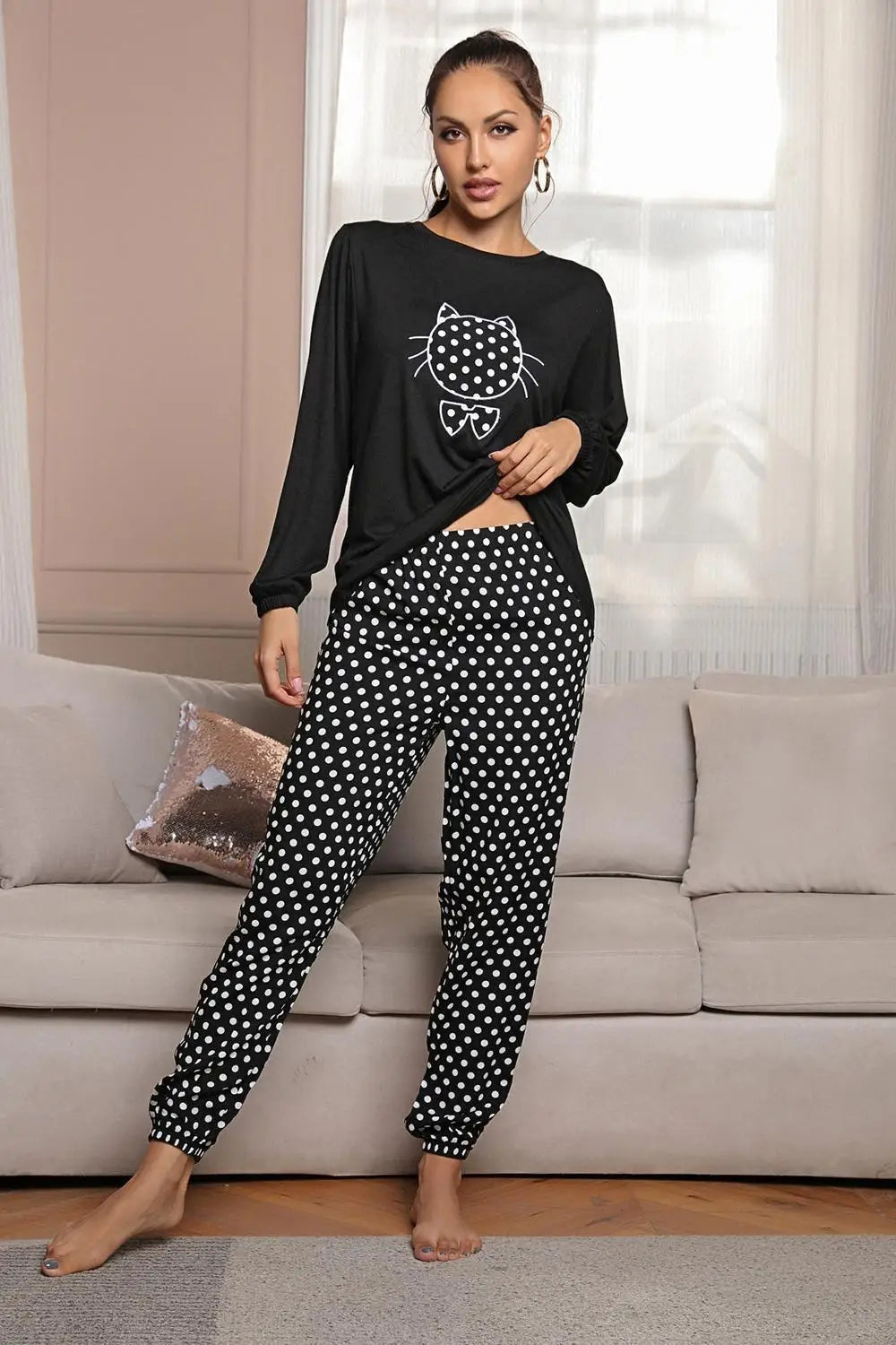 Women's Pajama Set Cute Cat Print Long Sleeves Top and Pants Sleepwear Dot Trousers 2 Pices Winter Female Like Homewear Suit Viralgem Store