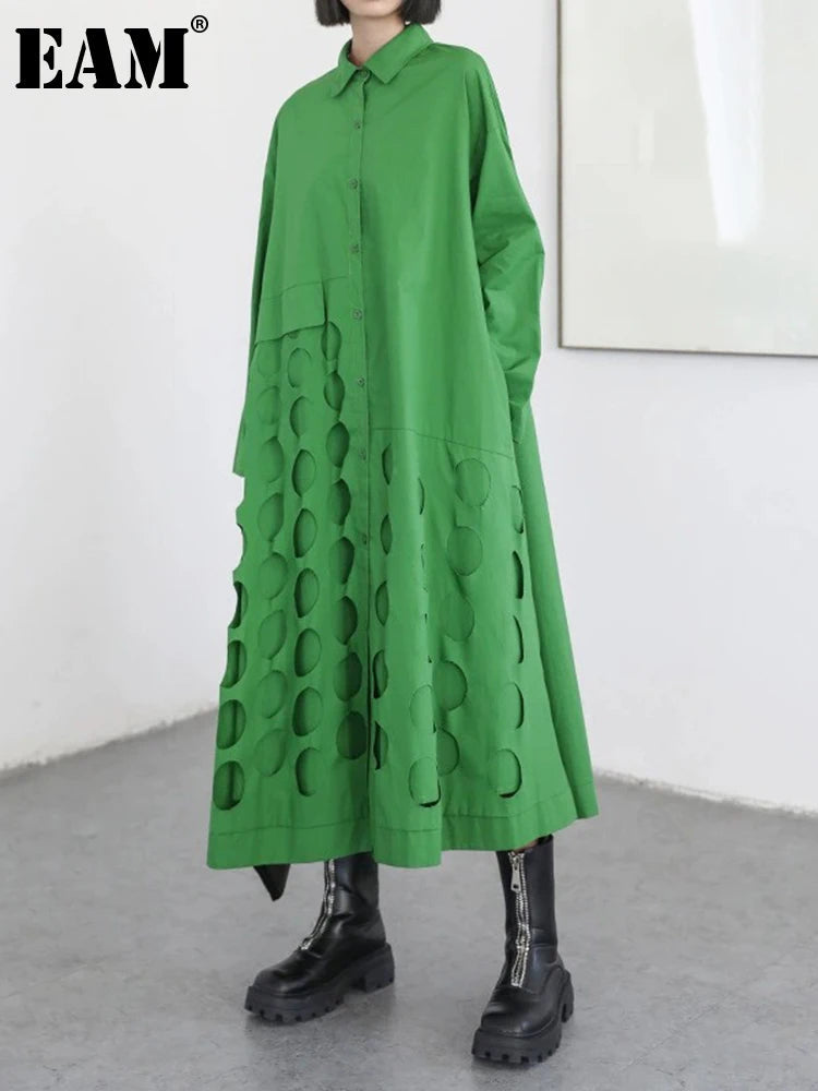 [EAM] Women Black Hollow Out Big Size Midi Shirt Dress New Lapel Long Sleeve Loose Fit Fashion Tide Spring Autumn 2024 1DF6037 Viralgem Store